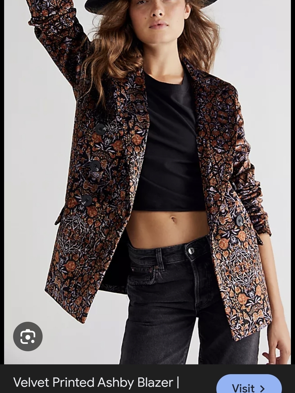 Free People Velvet Floral Blazer in Black & Brown